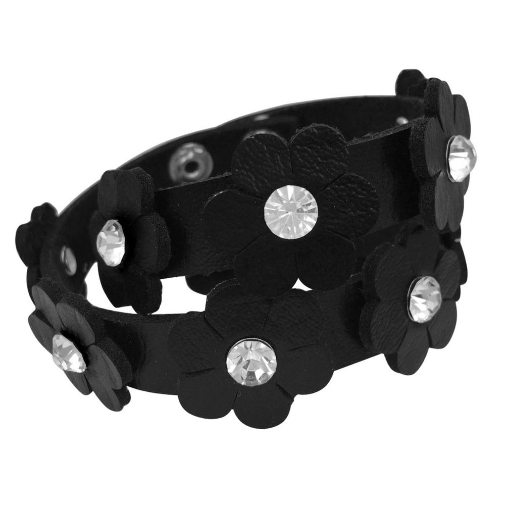 Black Faux Leather Floral Rhinestone Studs Wrap Bracelet